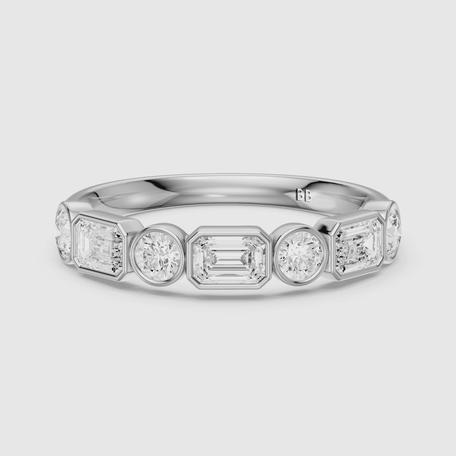 Load video: Jade Round and Emerald Shape Lab Grown Diamond Bezel Anniversary Band