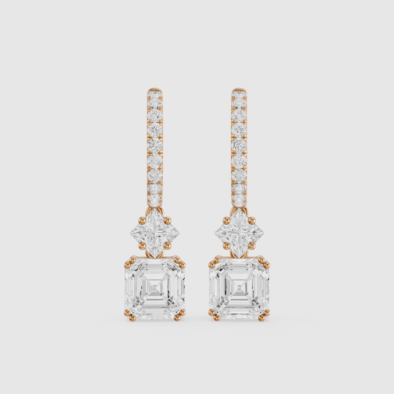 Load video: Cindy Asscher, Princess and Round Lab Grown Diamond Drop Earrings with Pave Hoop