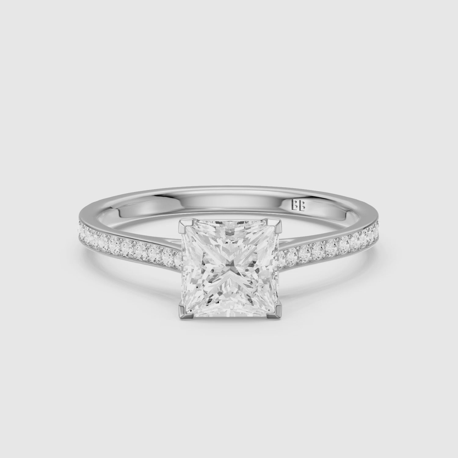 Load video: Jaylyn Princess Cut Side Stone Cathedral Lab Grown Diamond Ring
