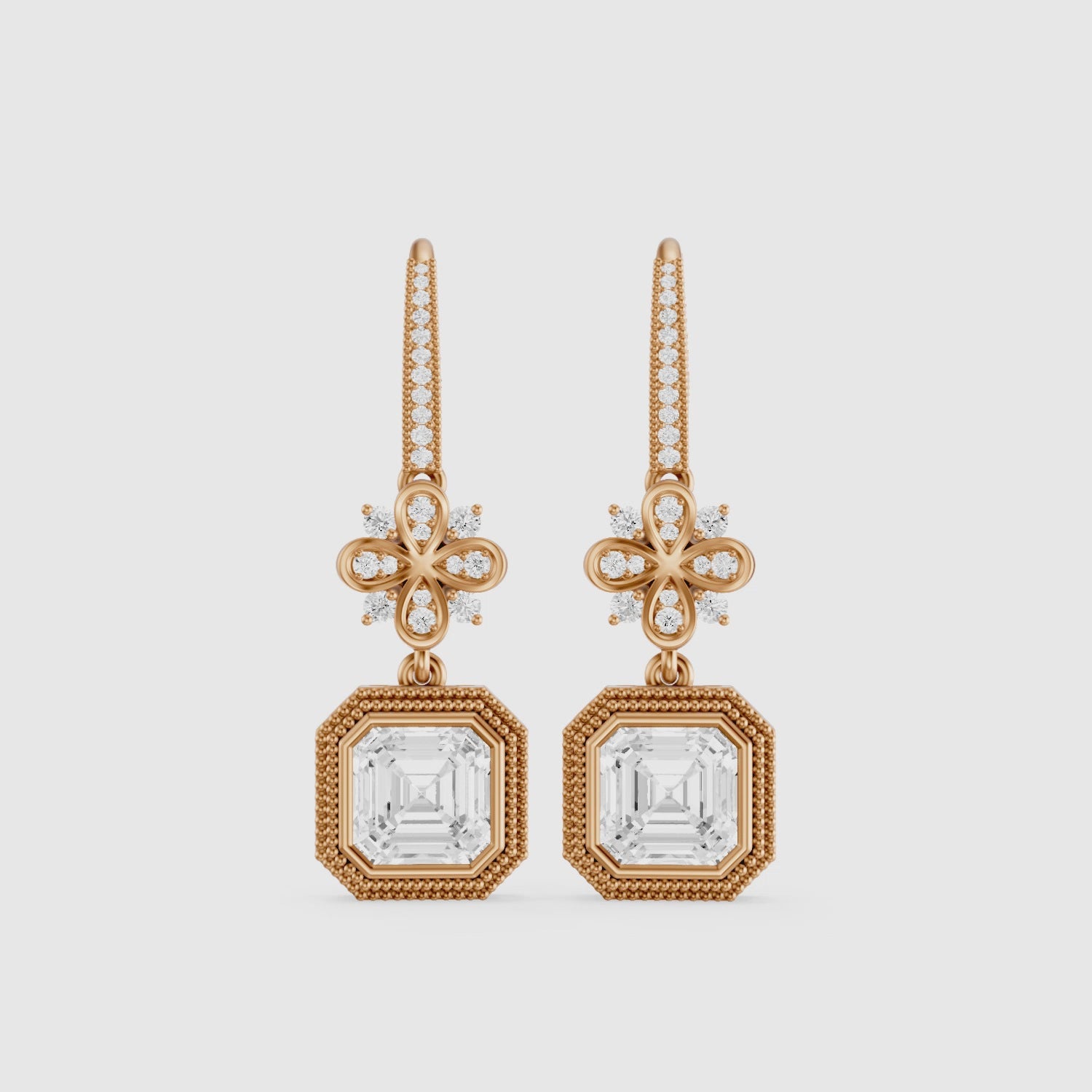 Load video: Easton Asscher Cut Lab Grown Diamond Floral Drop Earrings with Pave Bar