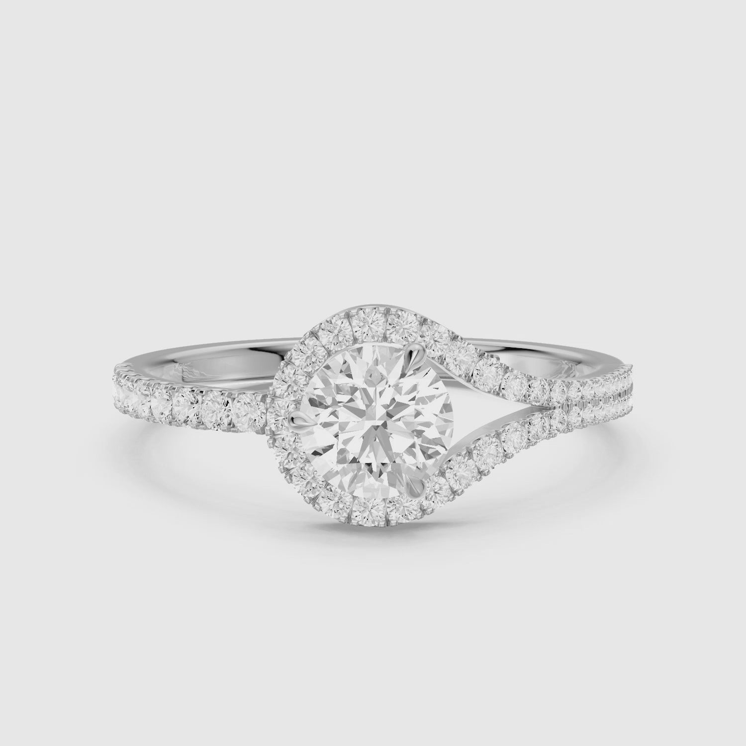 Load video: Jorden Round Unique Halo Pave Side Stone Moissanite Diamond Ring