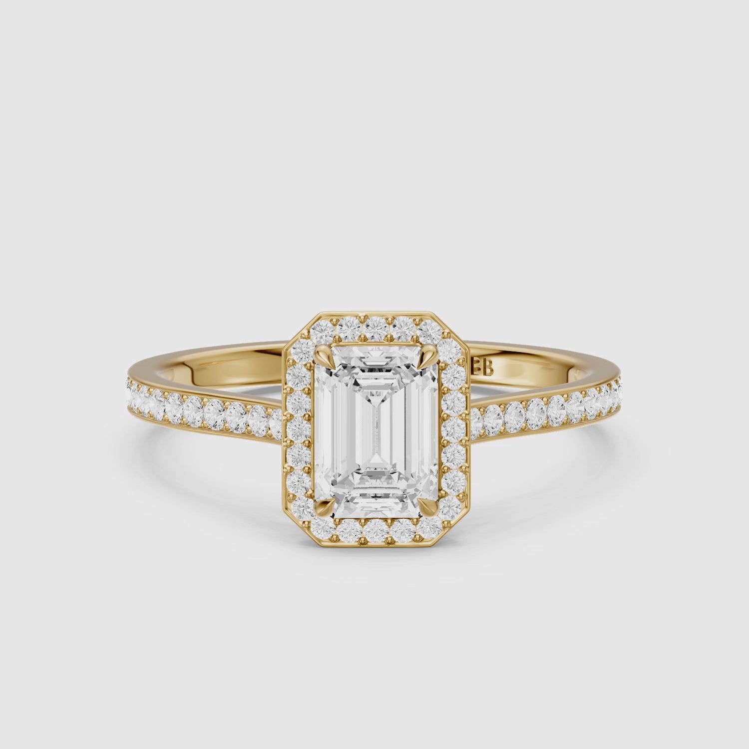 Load video: Isabelle Emerald Cut Halo Low Profile Side Stone Lab Grown Diamond Ring
