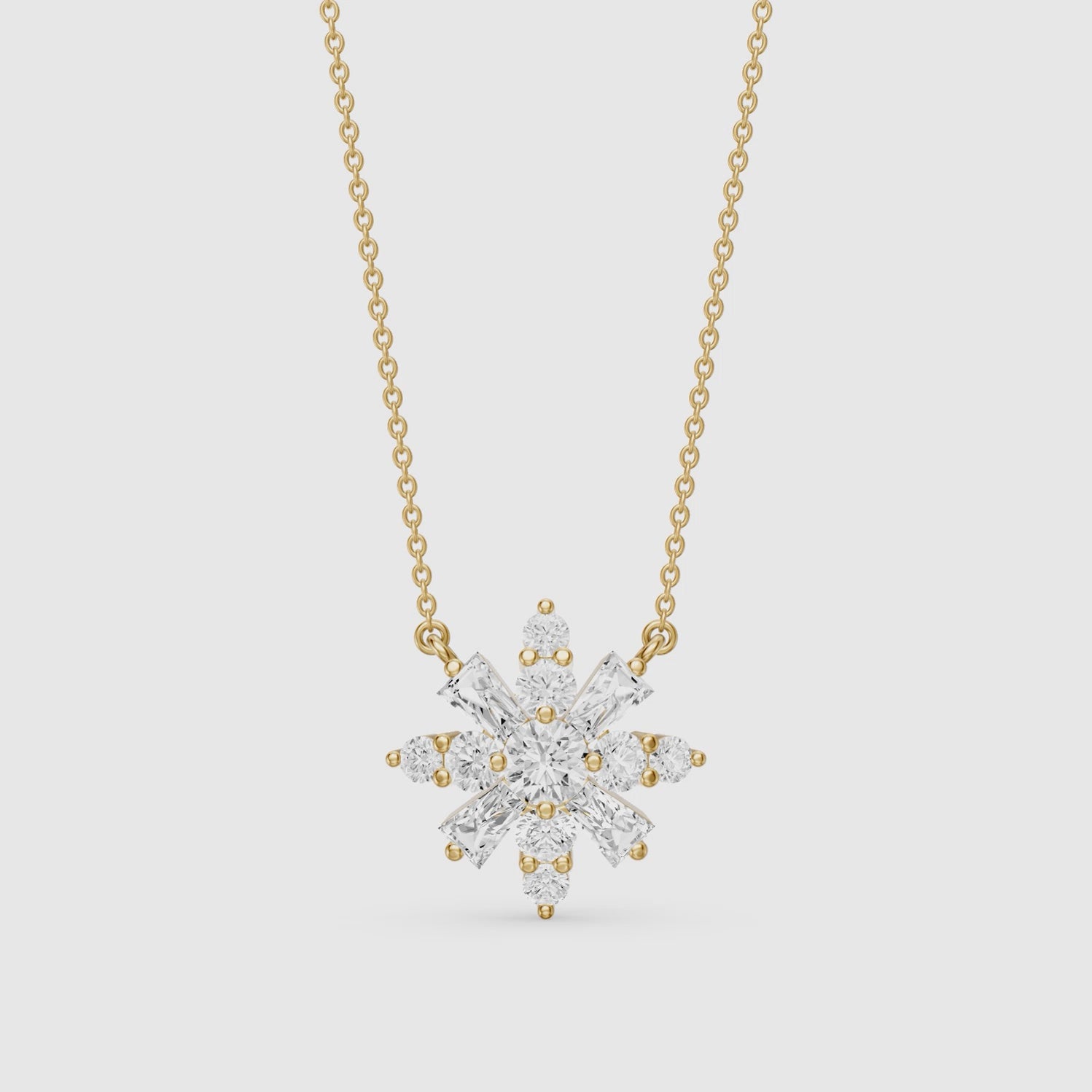 Load video: Rosalie Round and Tapered Baguette Lab Grown Diamond Snowflake Pendant
