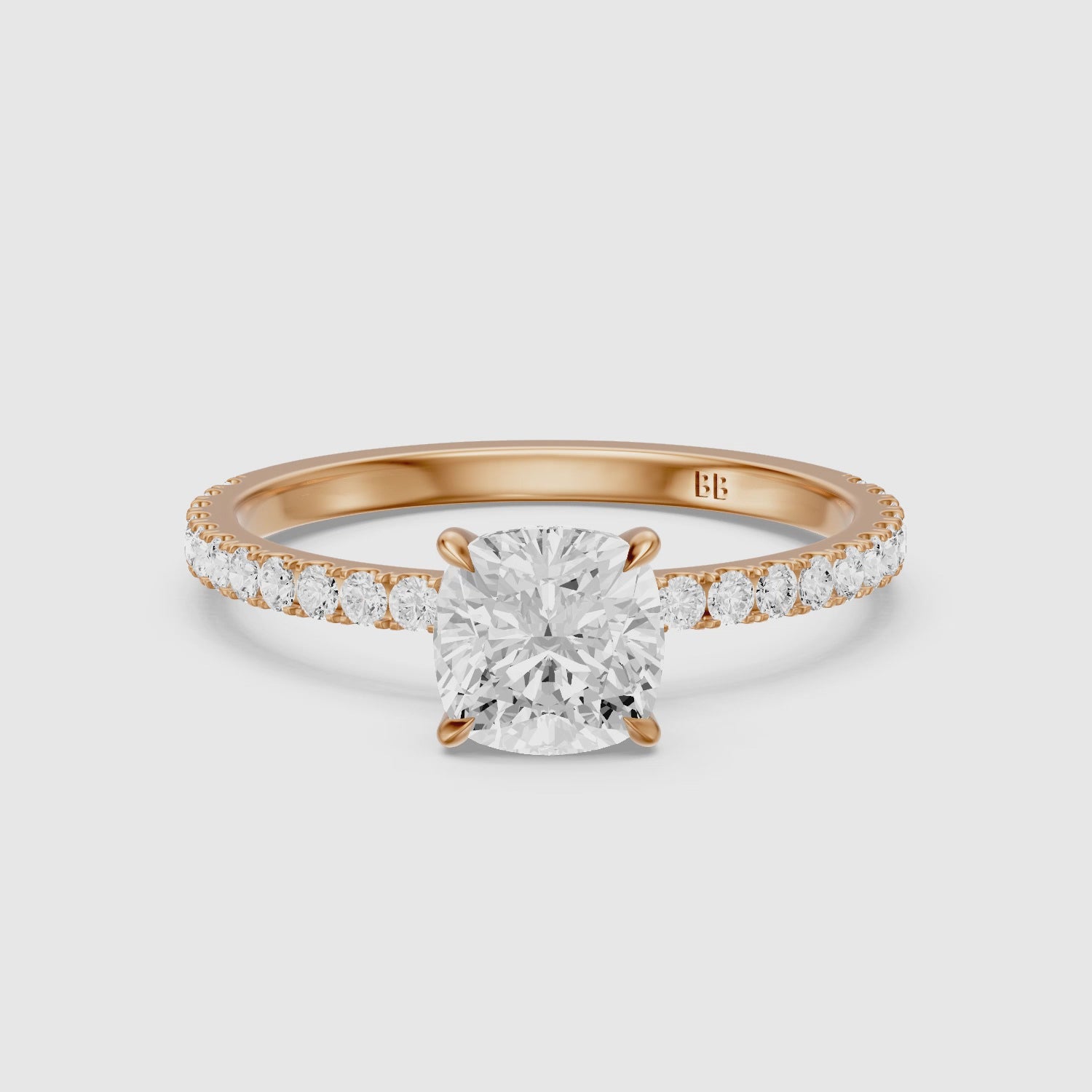 Load video: Larysa 4 Prong Cushion Cut Pave Hidden Halo Lab Grown Diamond Ring