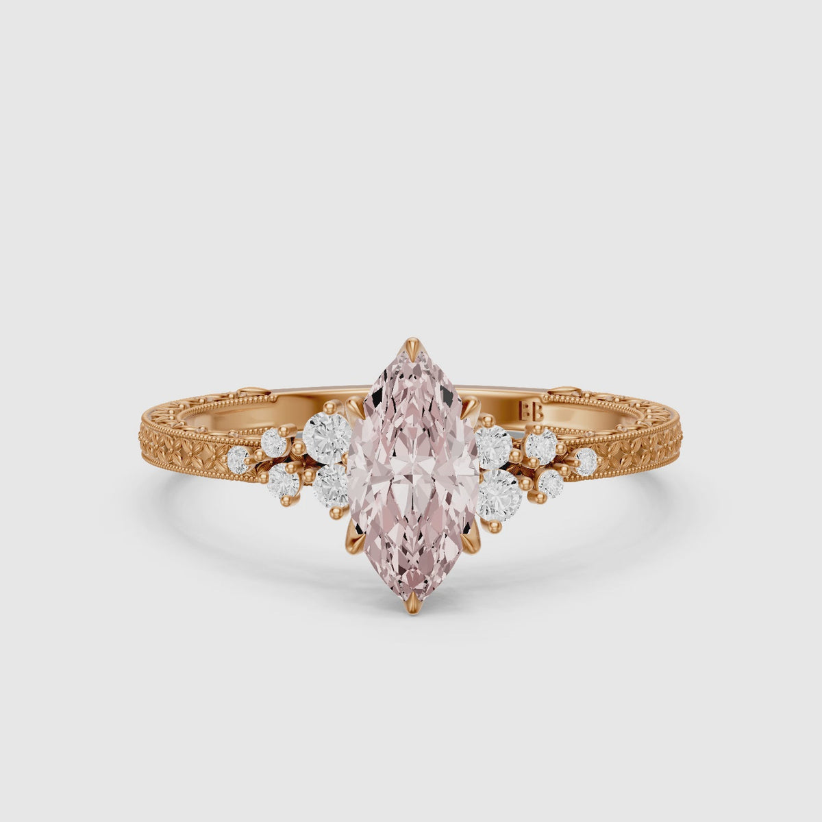 Load video: Nori Marquise Pink Lab Grown Diamond Ring with Vintage Milgrain Band