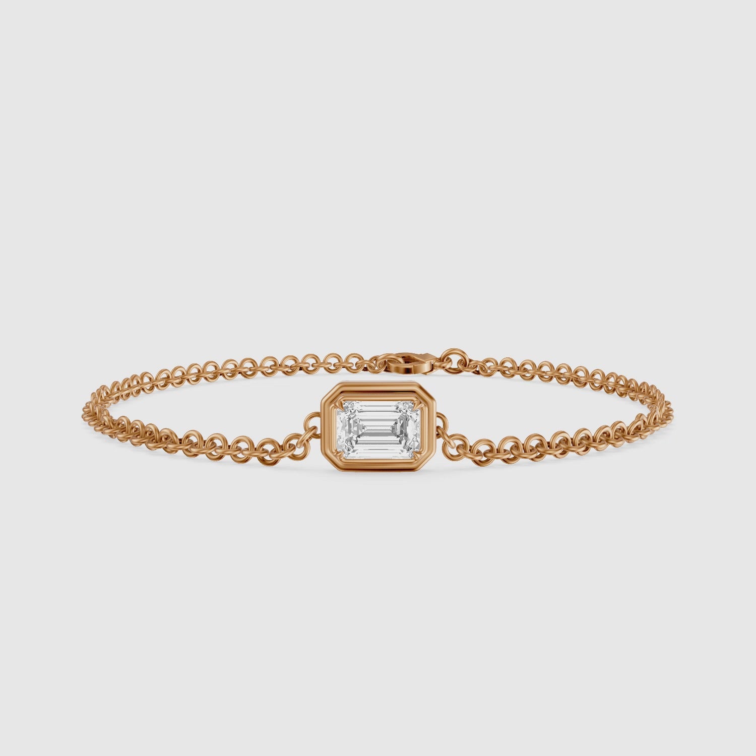 Load video: Keely East West Emerald Cut Lab Grown Diamond Single Stone Bezel Bracelet