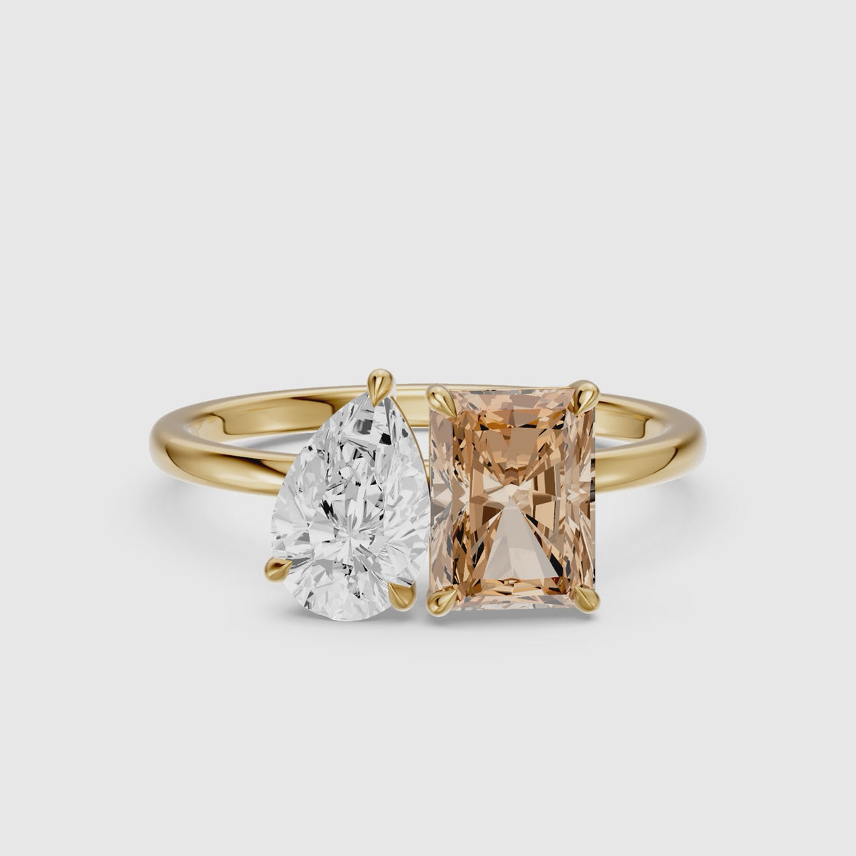 Load video: Cintia Champagne Radiant and Pear Cut Colored Lab Grown Diamond Toi et Moi Ring