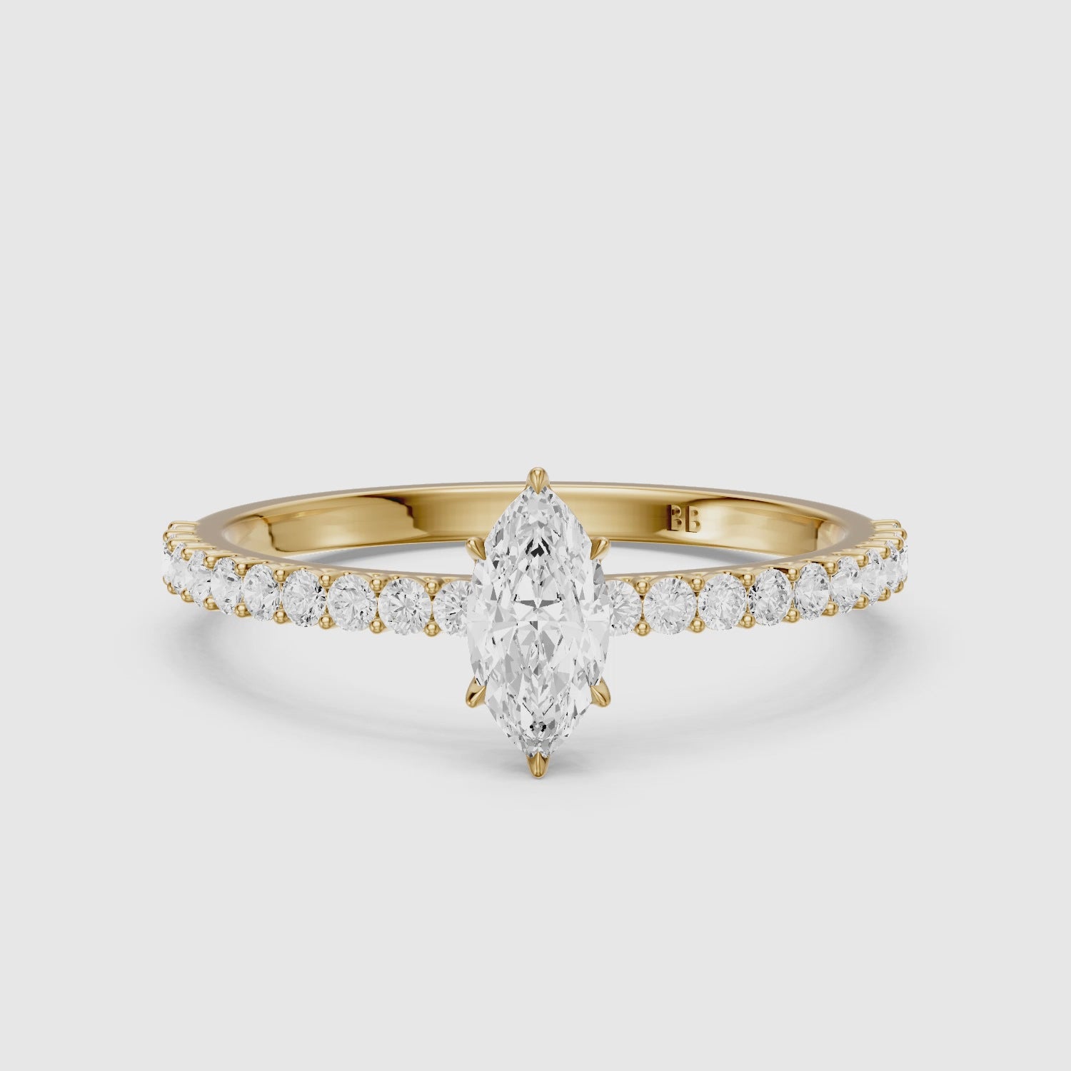 Load video: Selena 6 Prong Marquise Cut Pave Side Stone Moissanite Diamond Ring