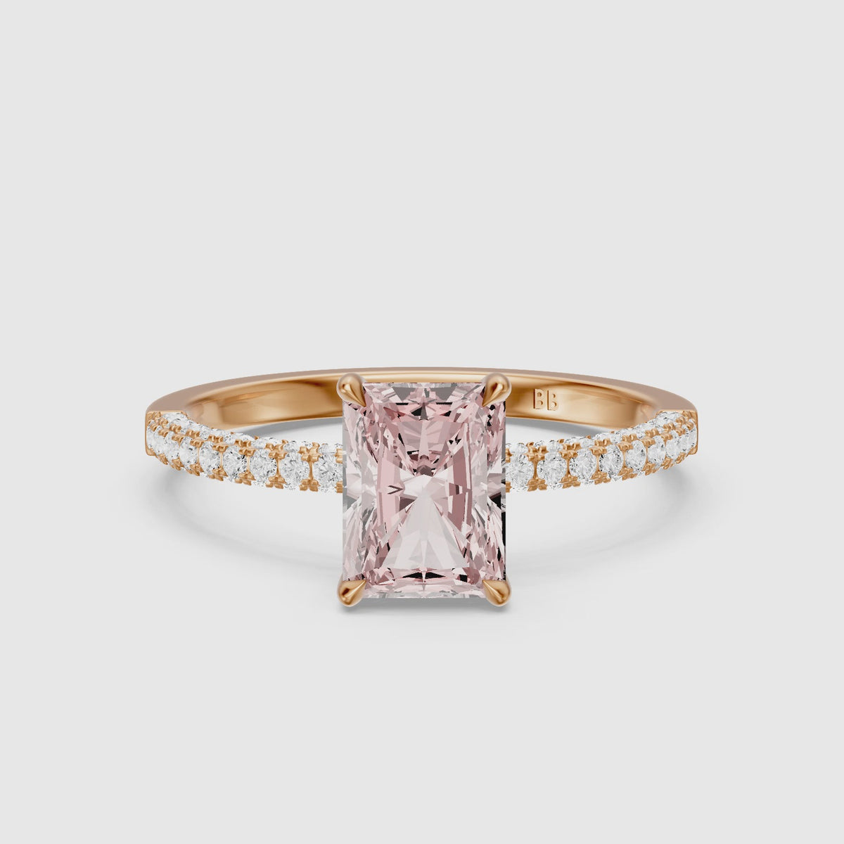 Load video: Romina Radiant Cut Hidden Halo Three Sided Pave Pink Lab Grown Diamond Ring