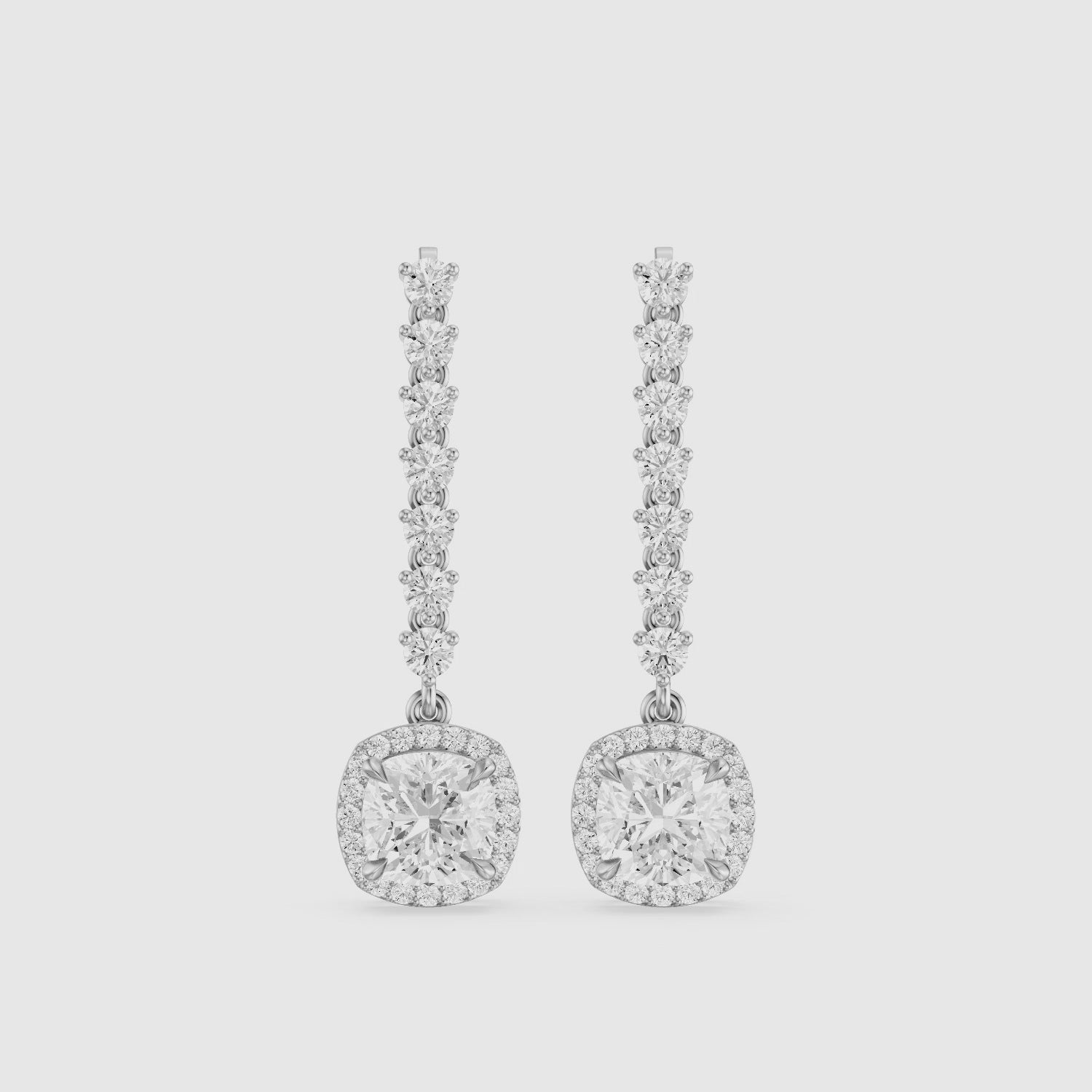 Load video: Winter Cushion and Round Lab Grown Halo Diamond Dangle Earrings