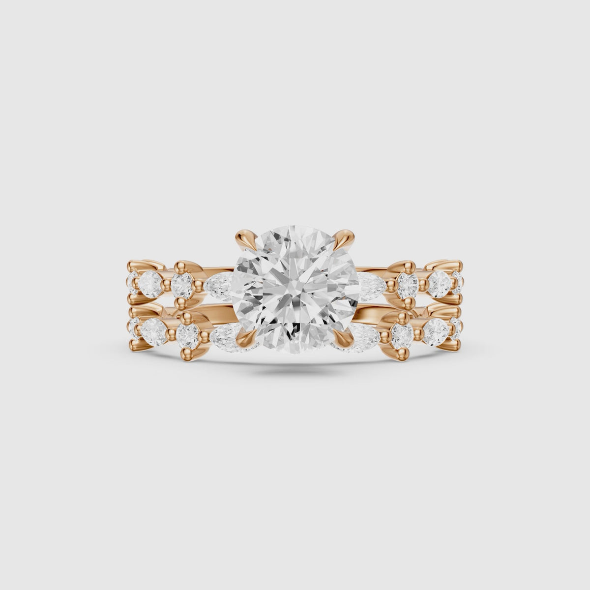 Load video: Elen Round Lab Grown Diamond Bridal Set with Round and Marquise Diamond Band