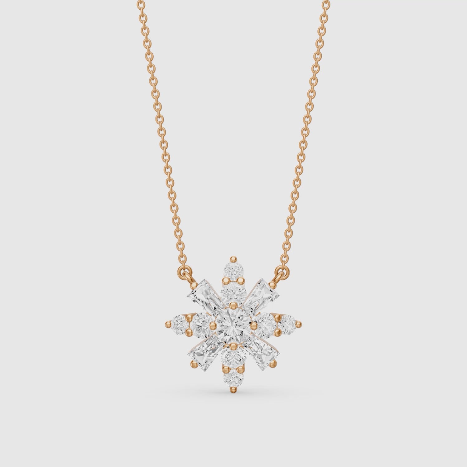 Load video: Rosalie Round and Tapered Baguette Lab Grown Diamond Snowflake Pendant