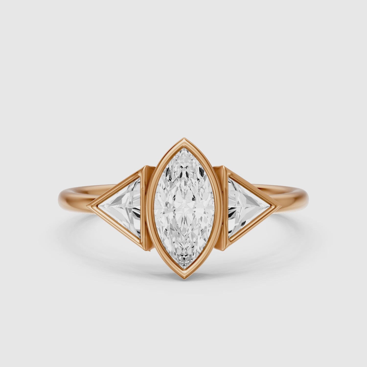 Load video: Amira Marquise Cut Bezel Moissanite Diamond Ring with Triangle Side Stones