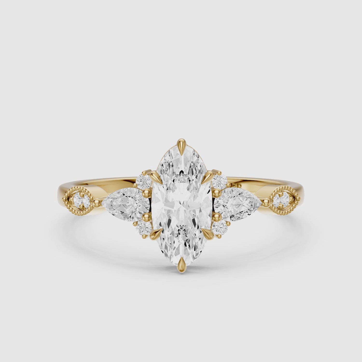 Load video: Abril Moval Moissanite Diamond Vintage Style Ring with Pear and Round Accents