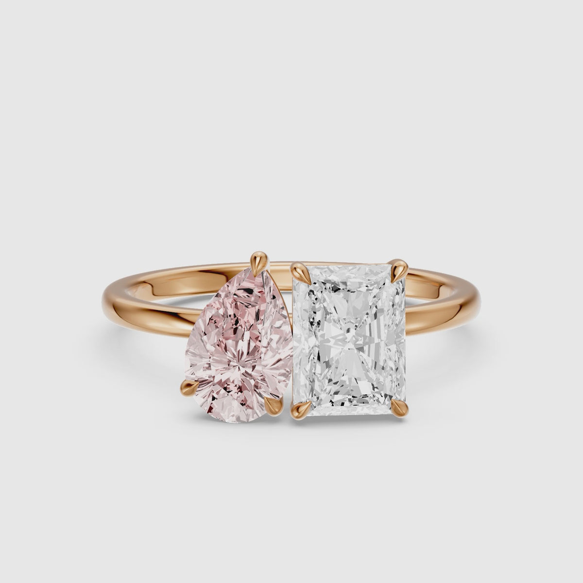 Load video: Zita Pink Pear and Radiant Cut Colored Lab Grown Diamond Toi et Moi Ring