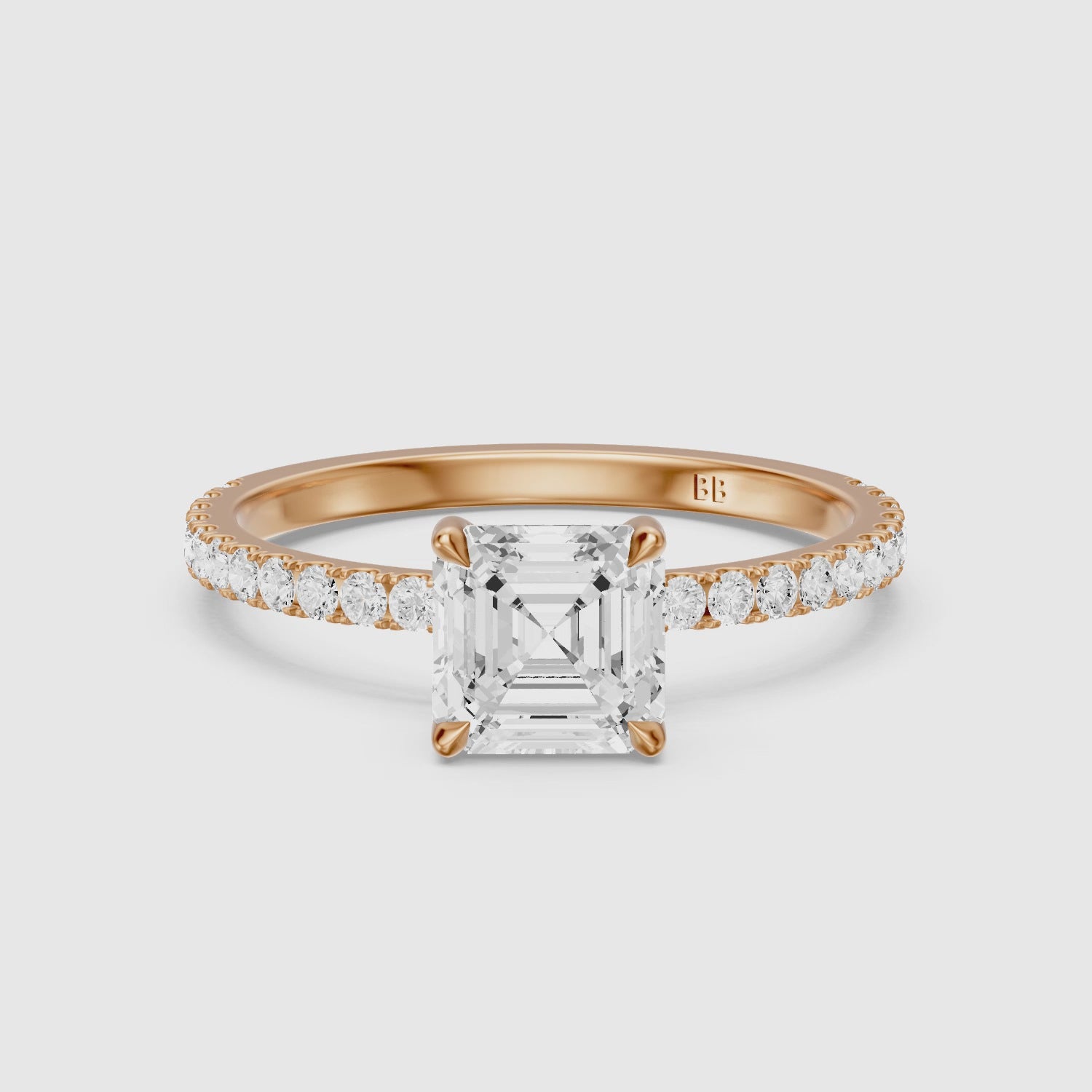 Load video: Hannah Asscher Cut Hidden Halo Pave Side Stone Lab Grown Diamond Ring