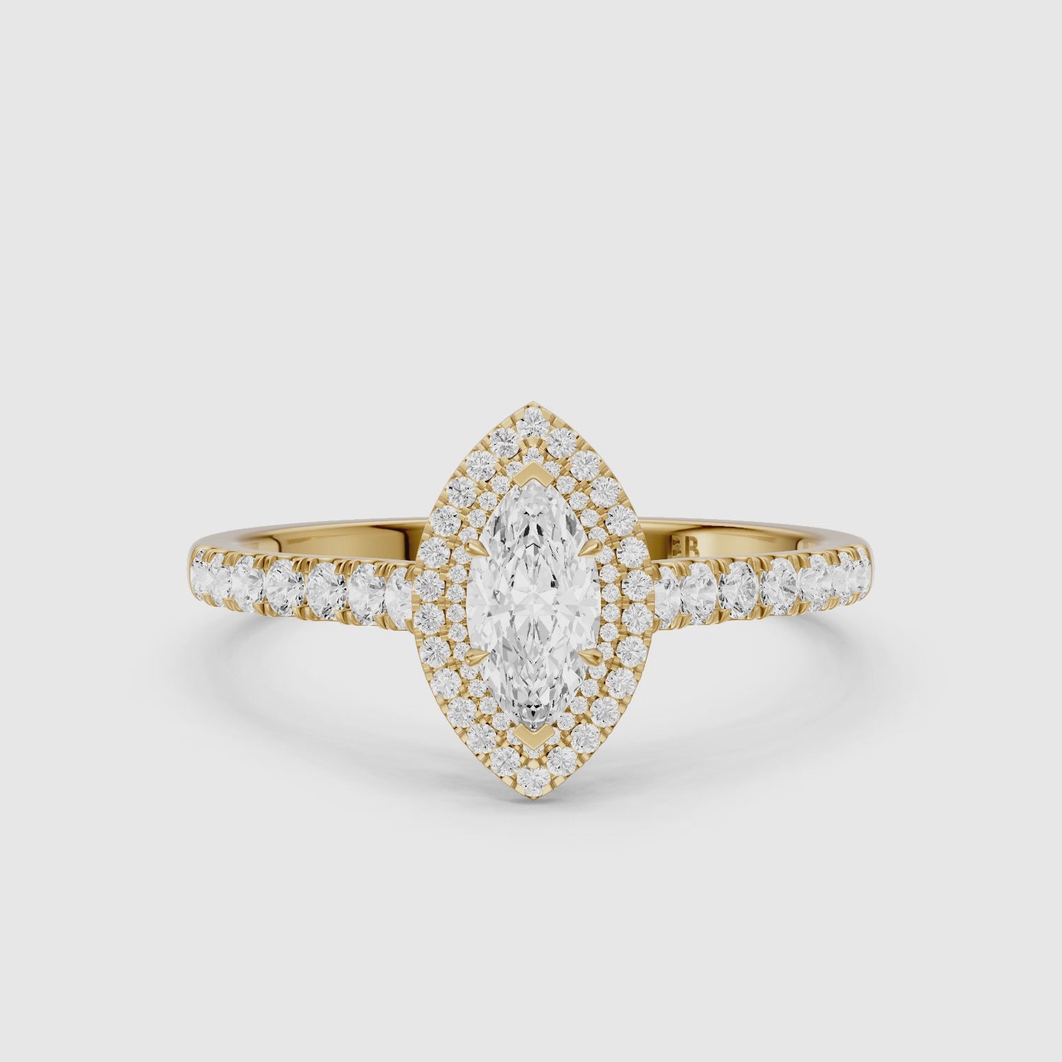 Load video: Alana Marquise Cut Lab Diamond Double Halo Ring with Pave Band
