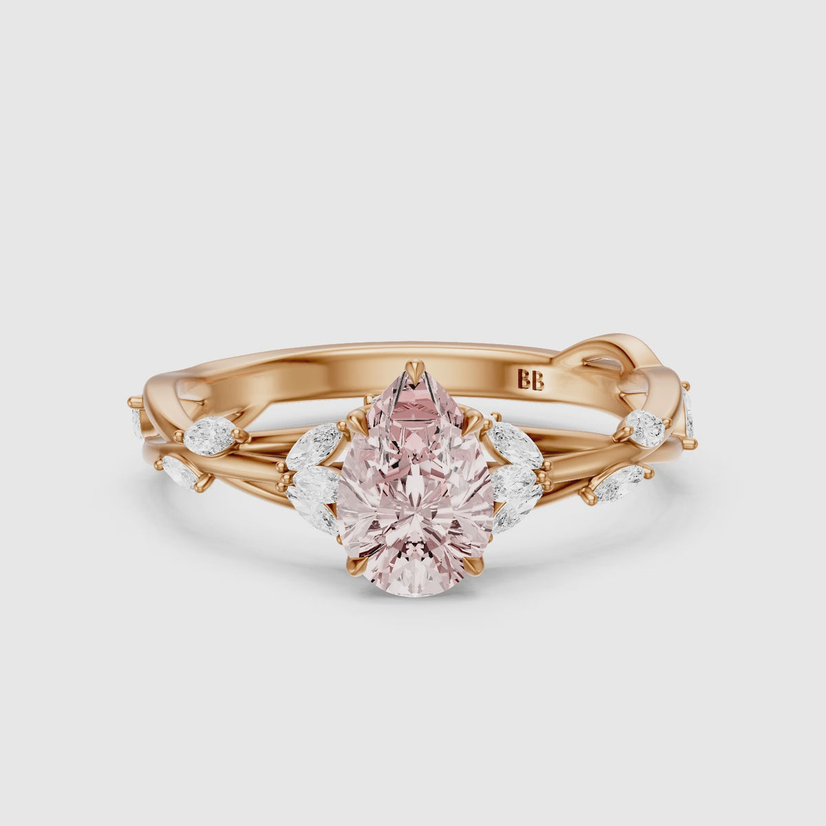 Load video: Anouk Pear Cut Marquise Side Stone Nature Inspired Pink Lab Grown Diamond Ring