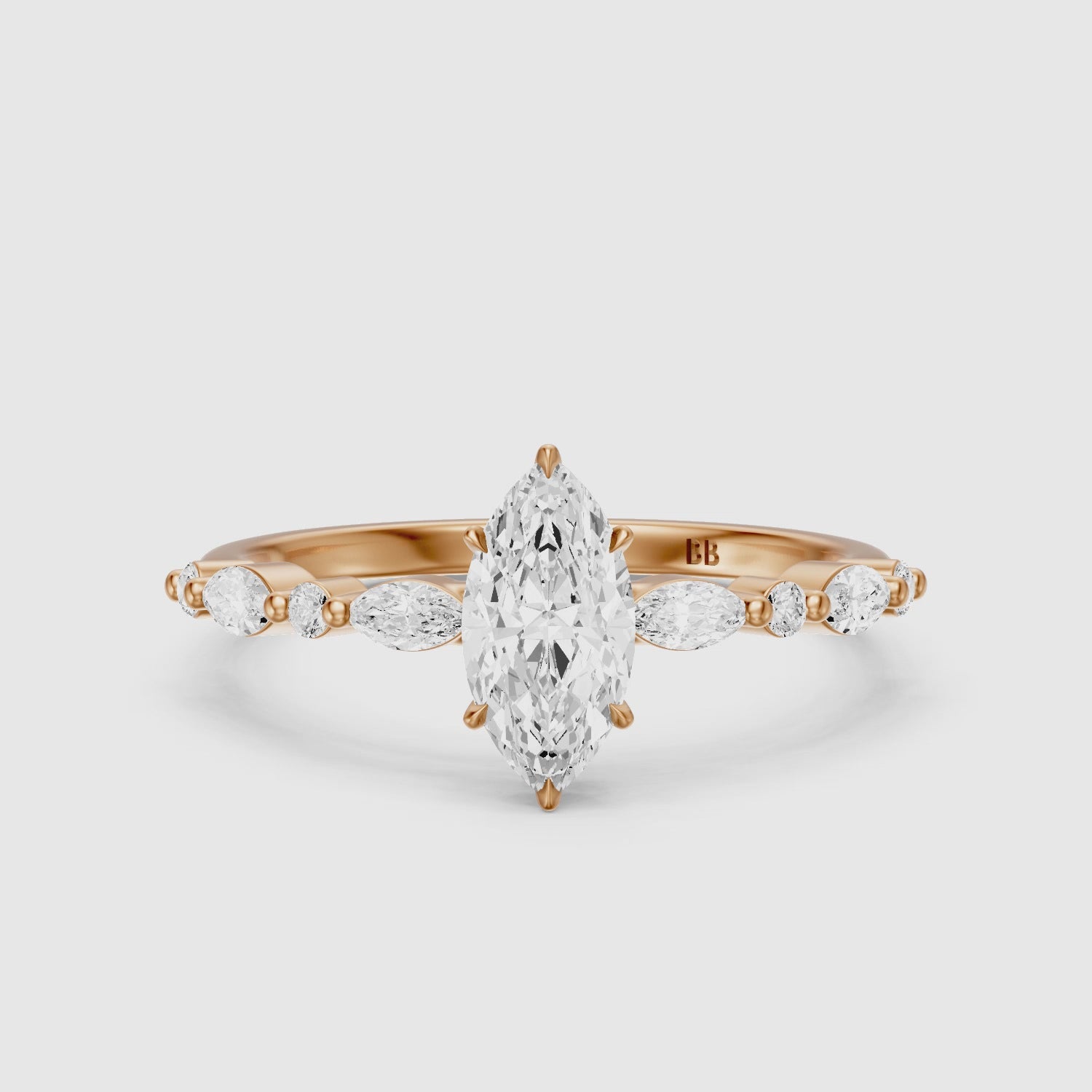 Load video: Daniela Marquise Moissanite Diamond Side Stones Ring with Hidden Halo