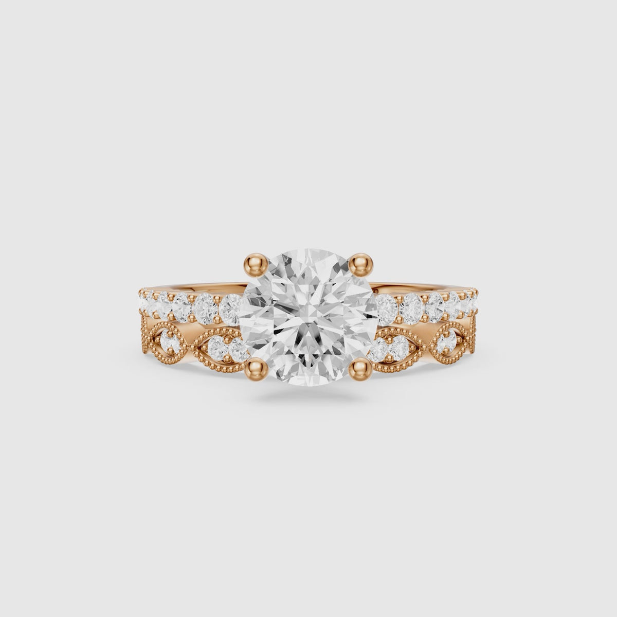 Load video: Graziela Round Cut Lab Grown Diamond Vintage Bridal Set