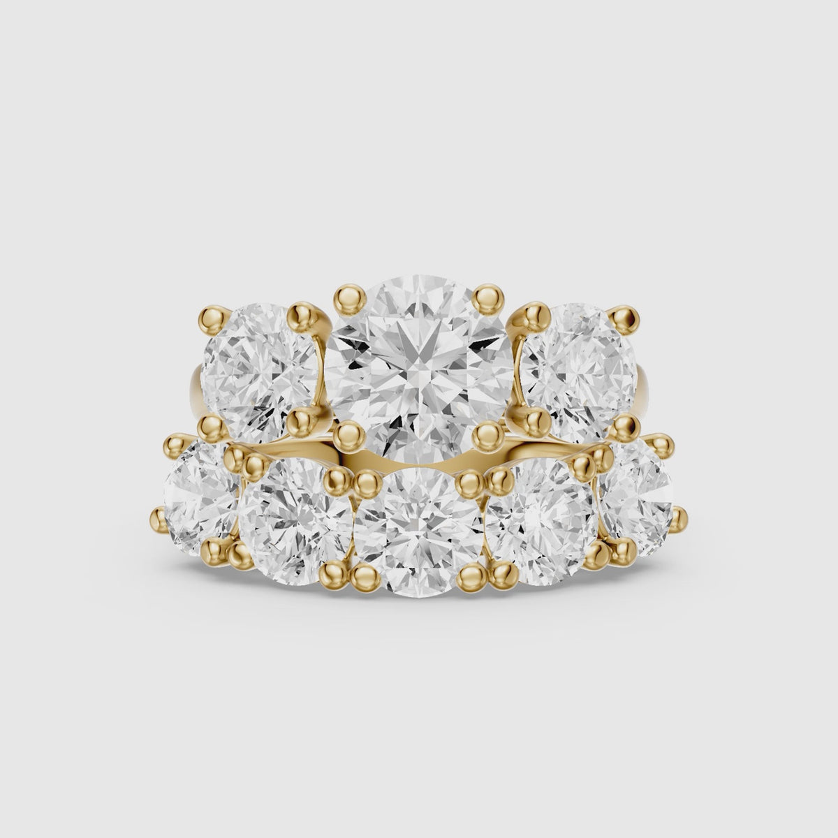 Load video: Eloa Three Stone Round Lab Grown Diamond Cluster Ring Guard Bridal Set