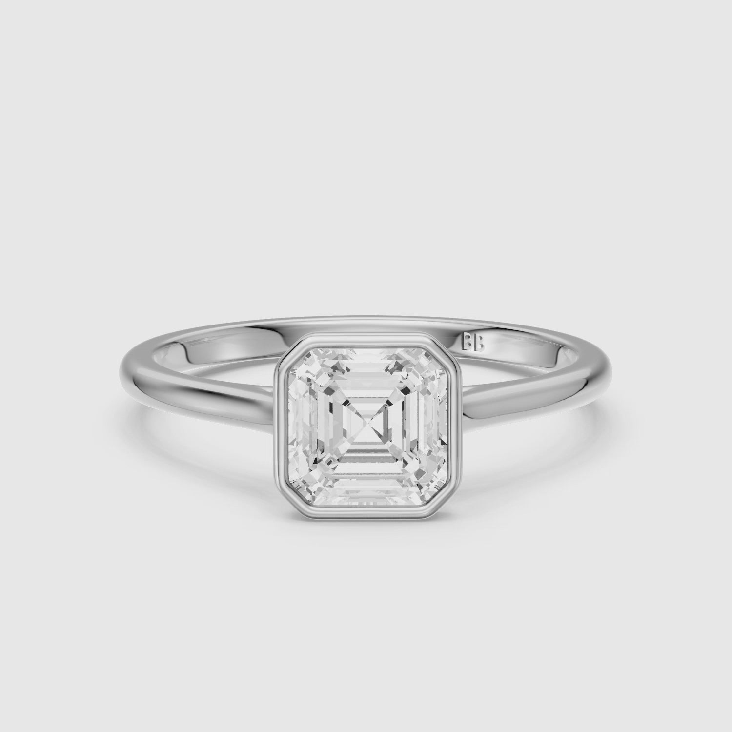 Load video: Elodia Asscher Cut Bezel Set Cathedral Style Lab Grown Diamond Ring