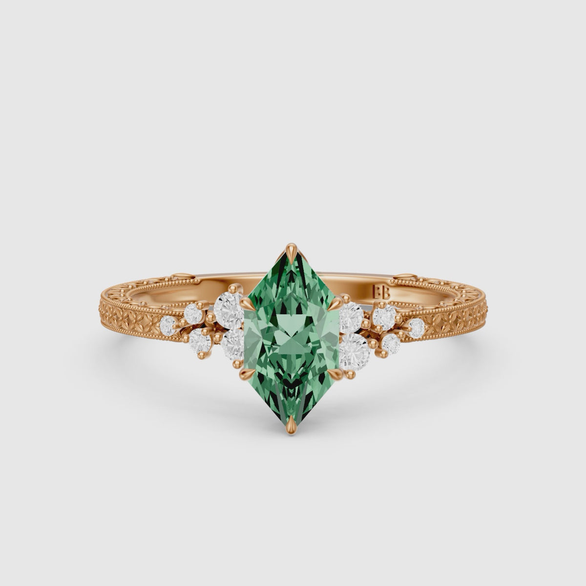 Load video: Jenna Dutch Marquise Green Lab Grown Diamond Vintage Ring with Milgrain Band