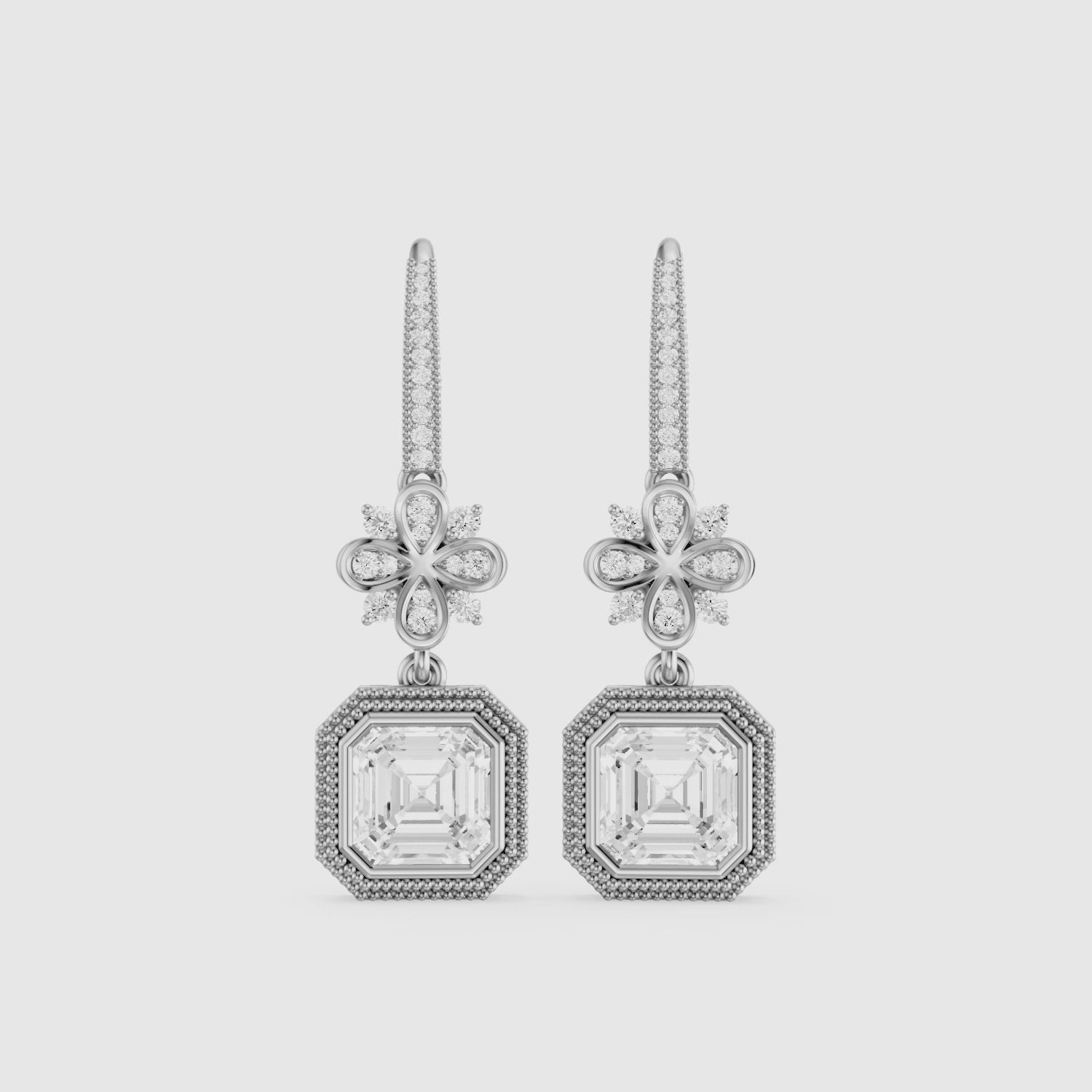 Load video: Easton Asscher Cut Lab Grown Diamond Floral Drop Earrings with Pave Bar