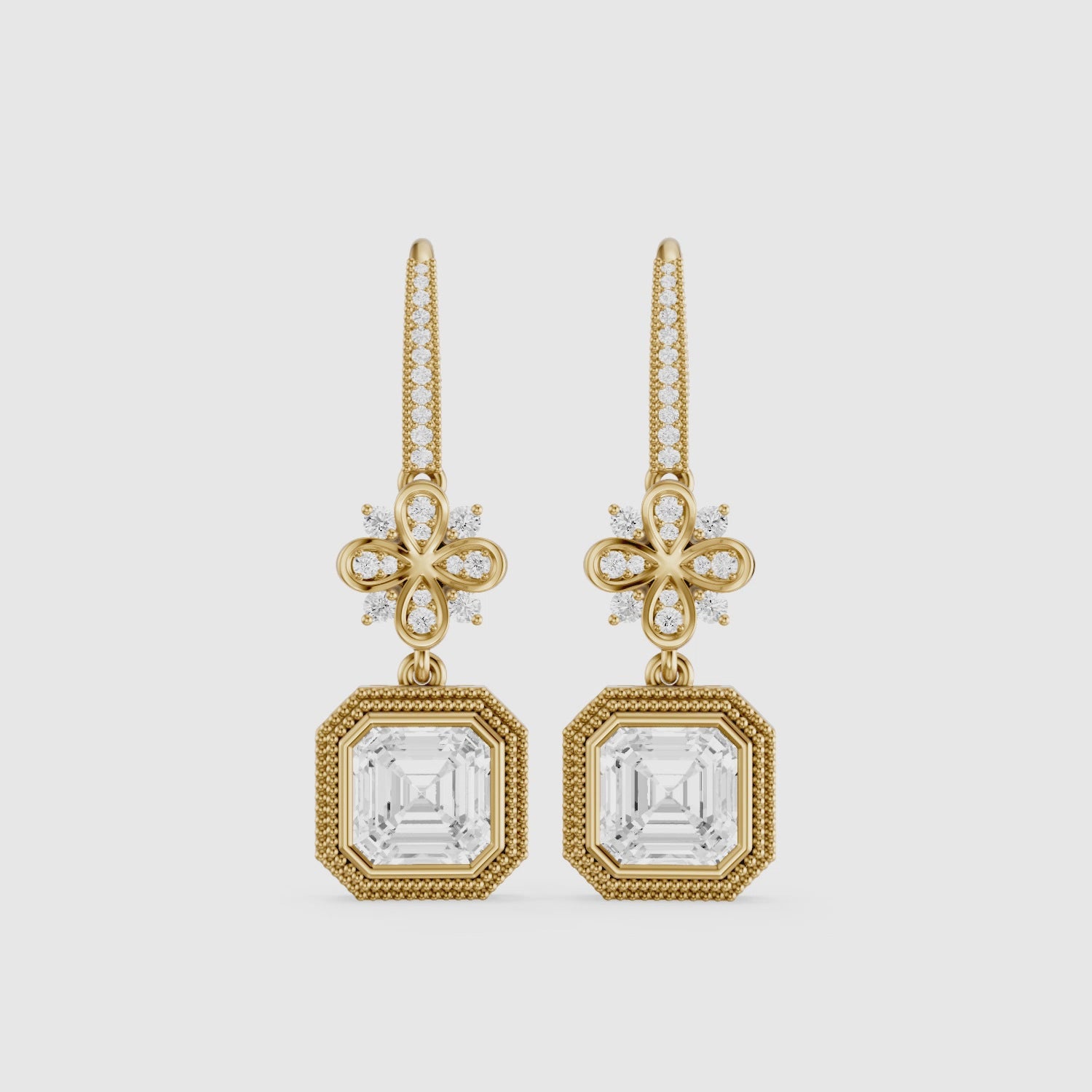 Load video: Easton Asscher Cut Lab Grown Diamond Floral Drop Earrings with Pave Bar