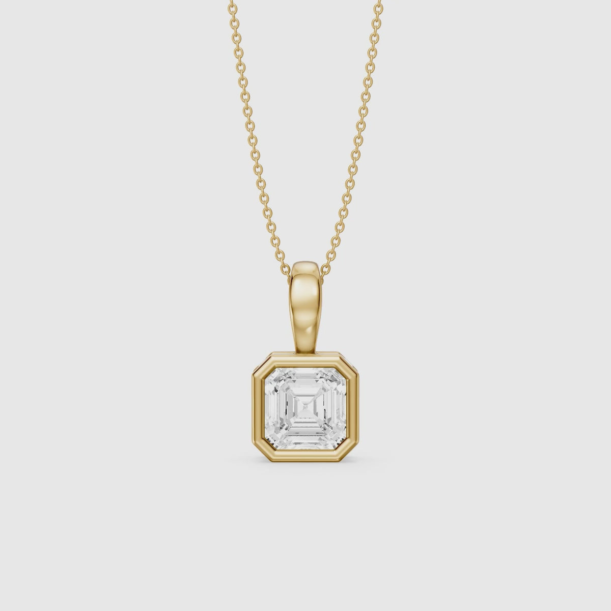 Load video: Priscilla Asscher Cut Bezel Set Lab Grown Diamond Solitaire Pendant