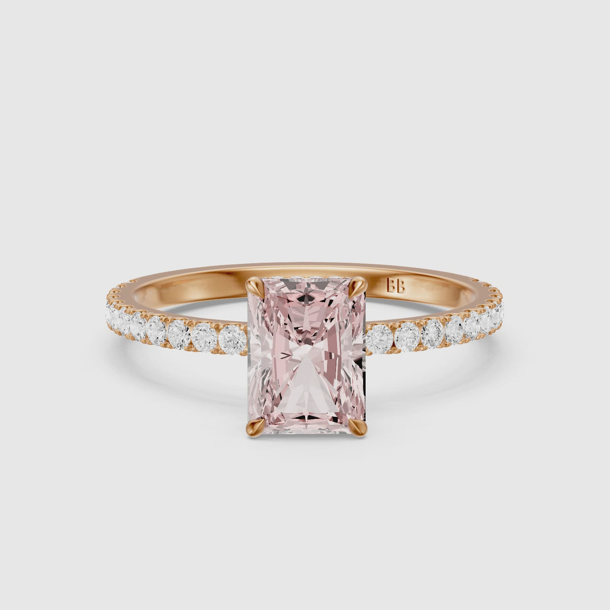 Load video: Eulalie Radiant Cut Hidden Halo Side Stone Pave Pink Lab Grown Diamond Ring