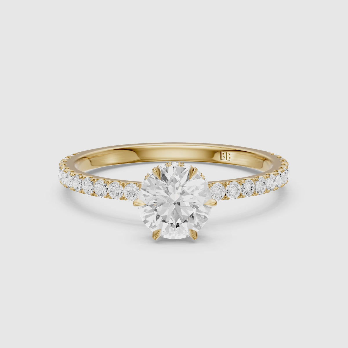 Load video: Sena Round Hidden Halo Lab Grown Diamond Engagement Ring with Pavé Band