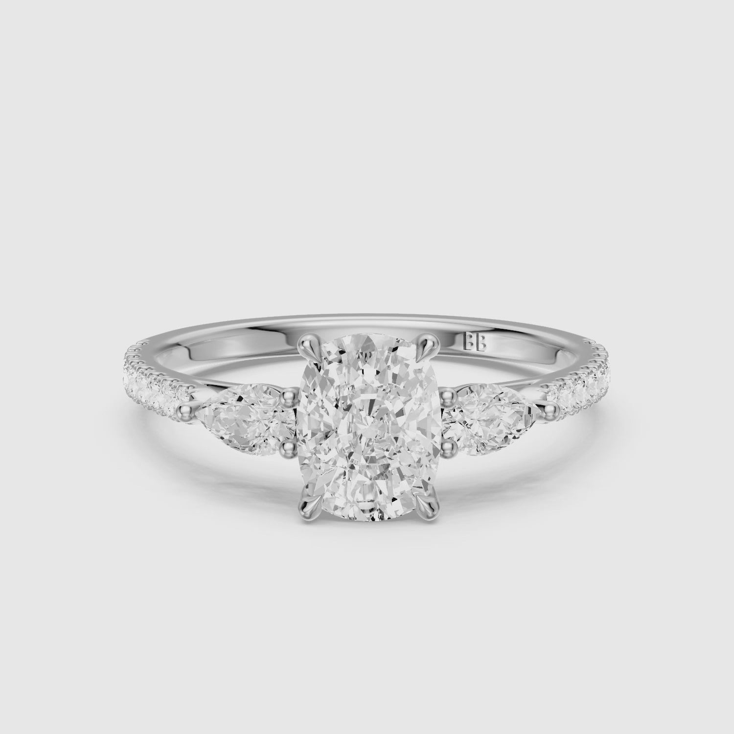Load video: Miriah Three Stone Elongated Cushion Pave Lab Grown Diamond Ring with Pear Side Stones