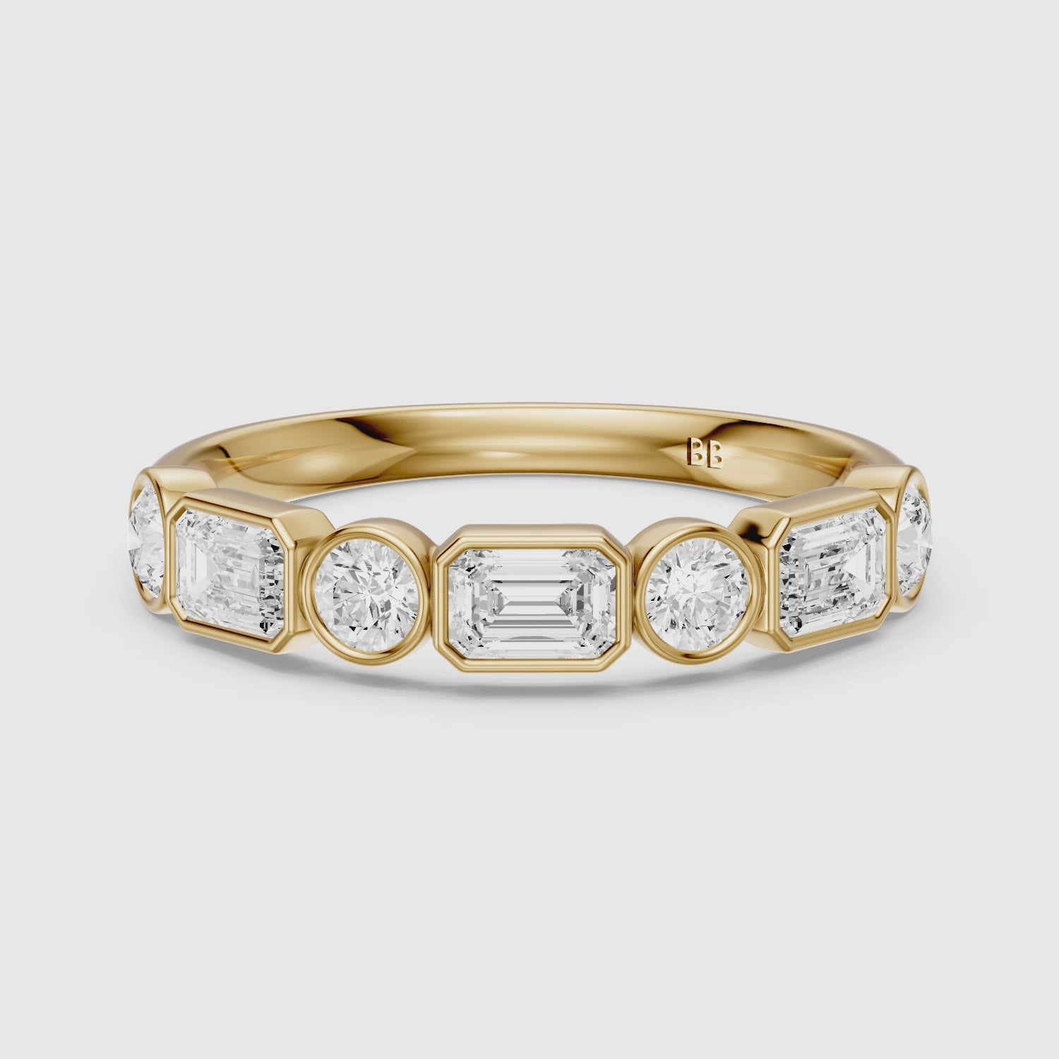 Load video: Jade Round and Emerald Shape Lab Grown Diamond Bezel Anniversary Band