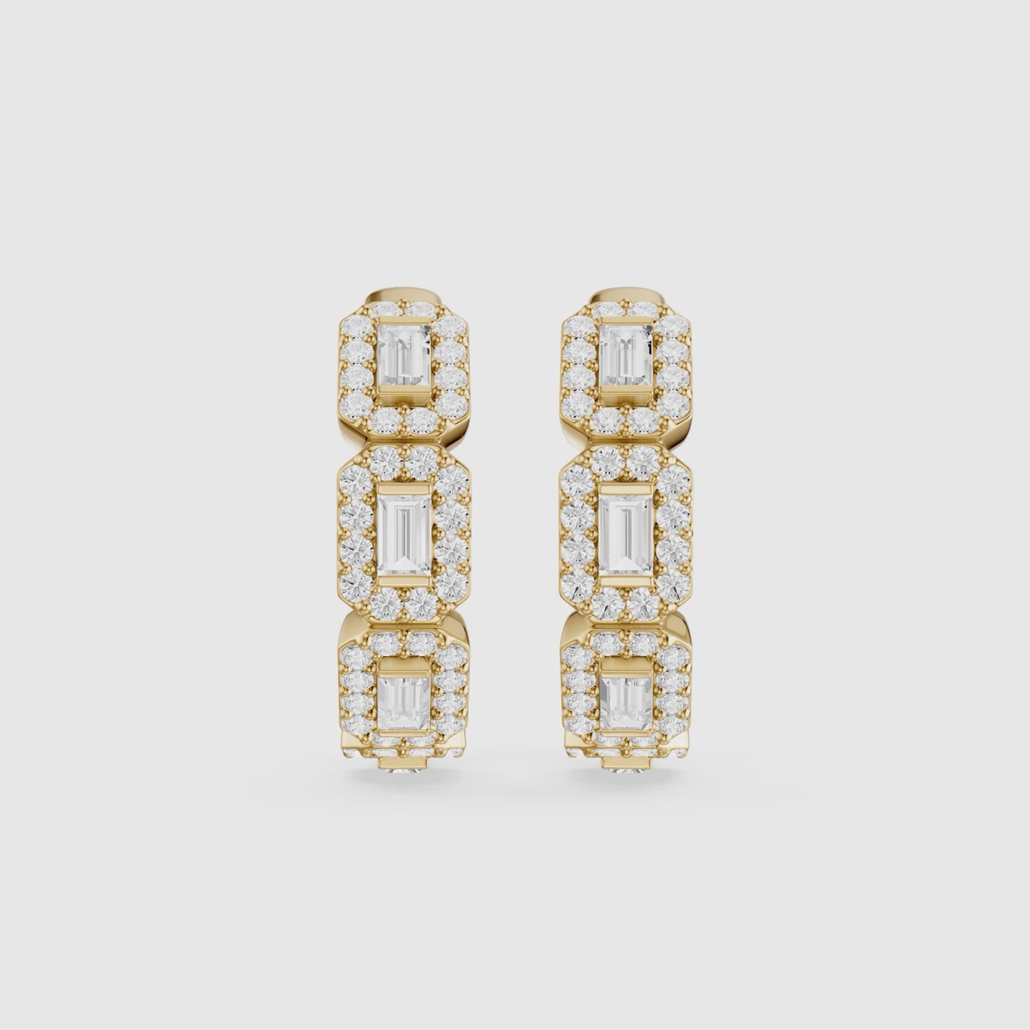 Load video: Sabine Baguette Lab Grown Diamond Halo Hoop Earrings