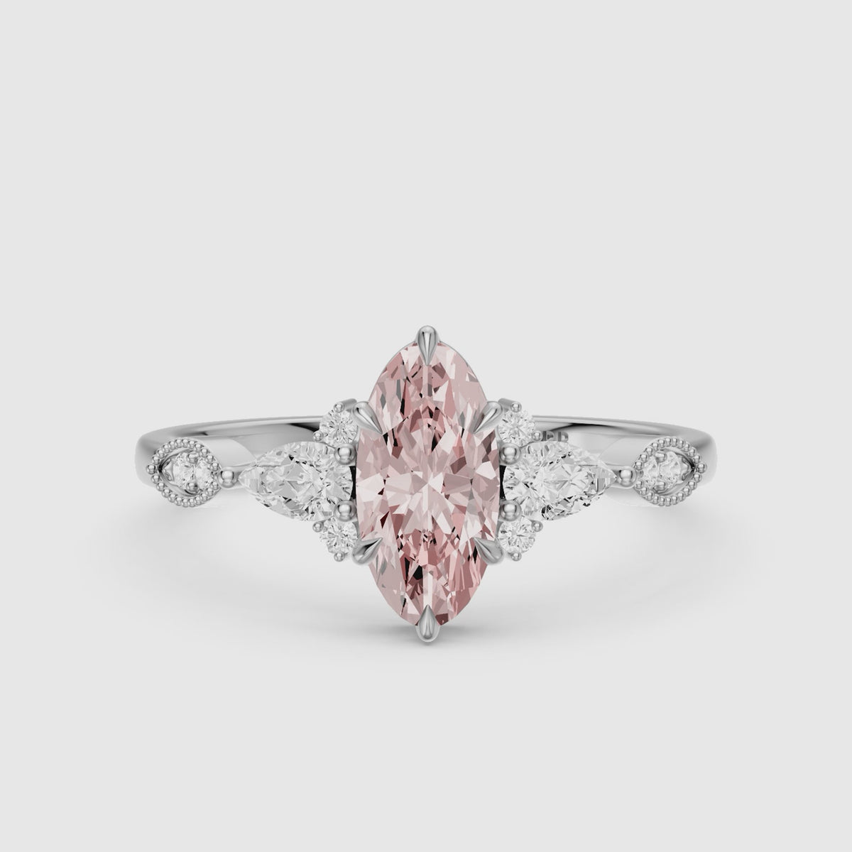 Load video: Jemima Moval Pink Lab Grown Diamond Vintage Style Ring with Pear and Round Accents