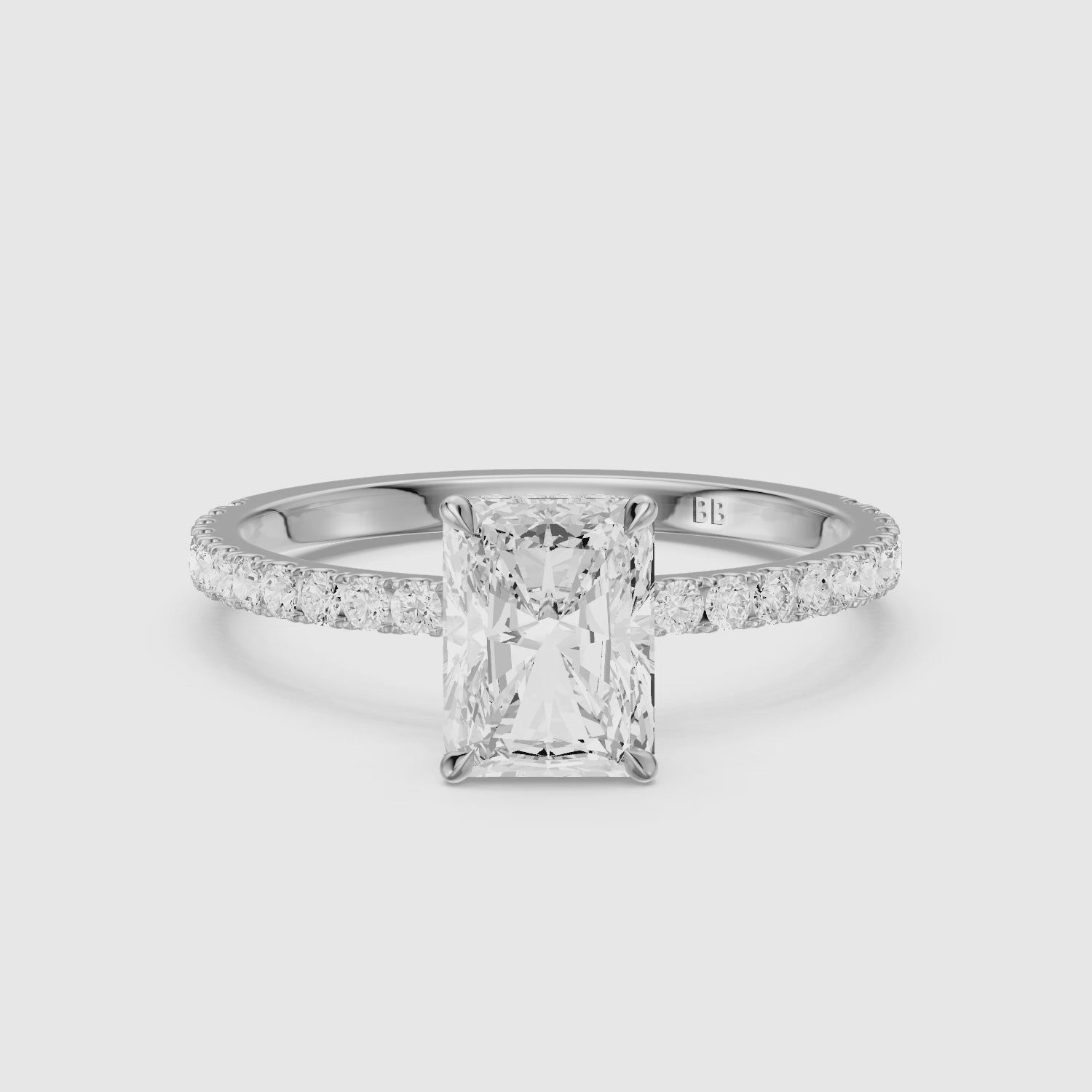 Load video: Denali Radiant Cut Hidden Halo Side Stone Pave Lab Grown Diamond Ring