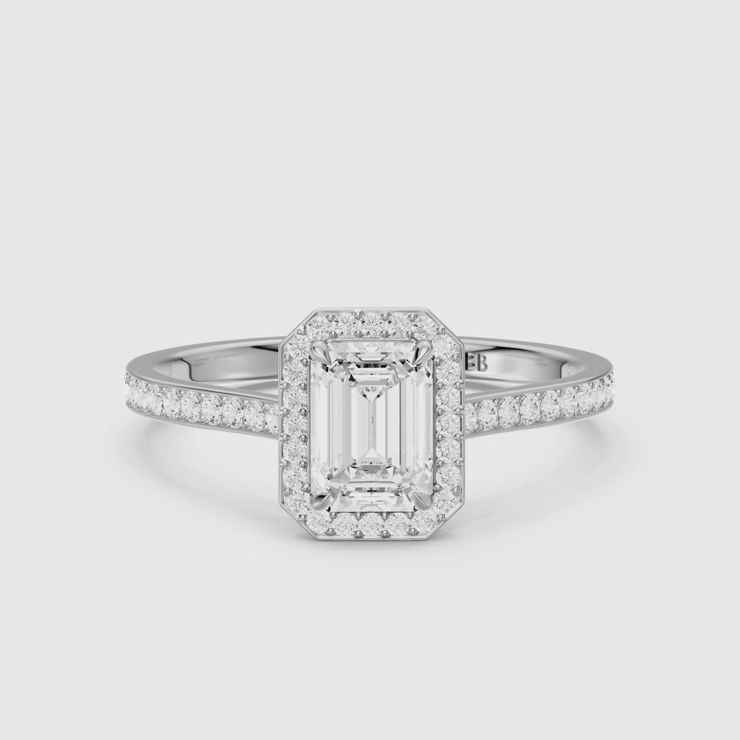 Load video: Isabelle Emerald Cut Halo Low Profile Side Stone Lab Grown Diamond Ring