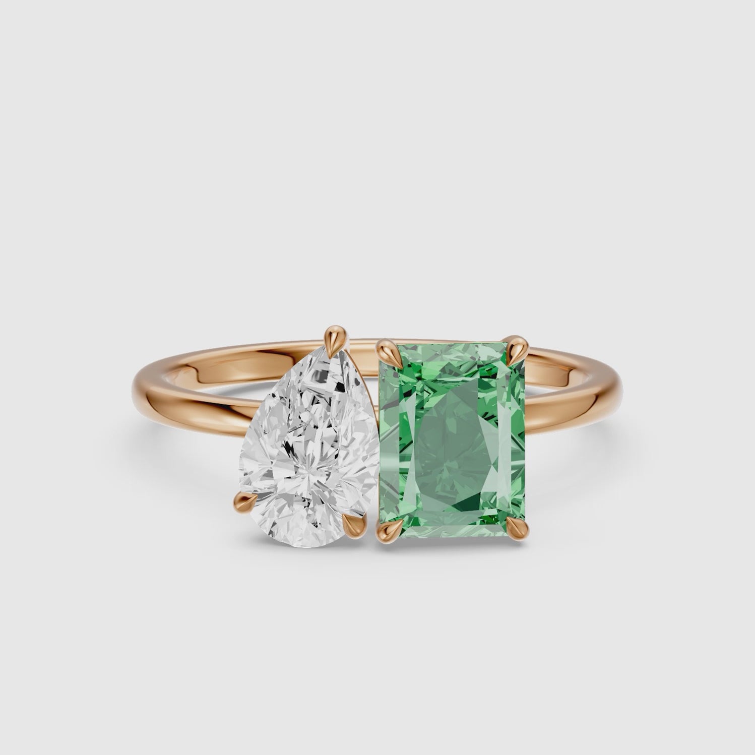Load video: Cybele Green Radiant and Pear Cut Colored Lab Grown Diamond Toi et Moi Ring