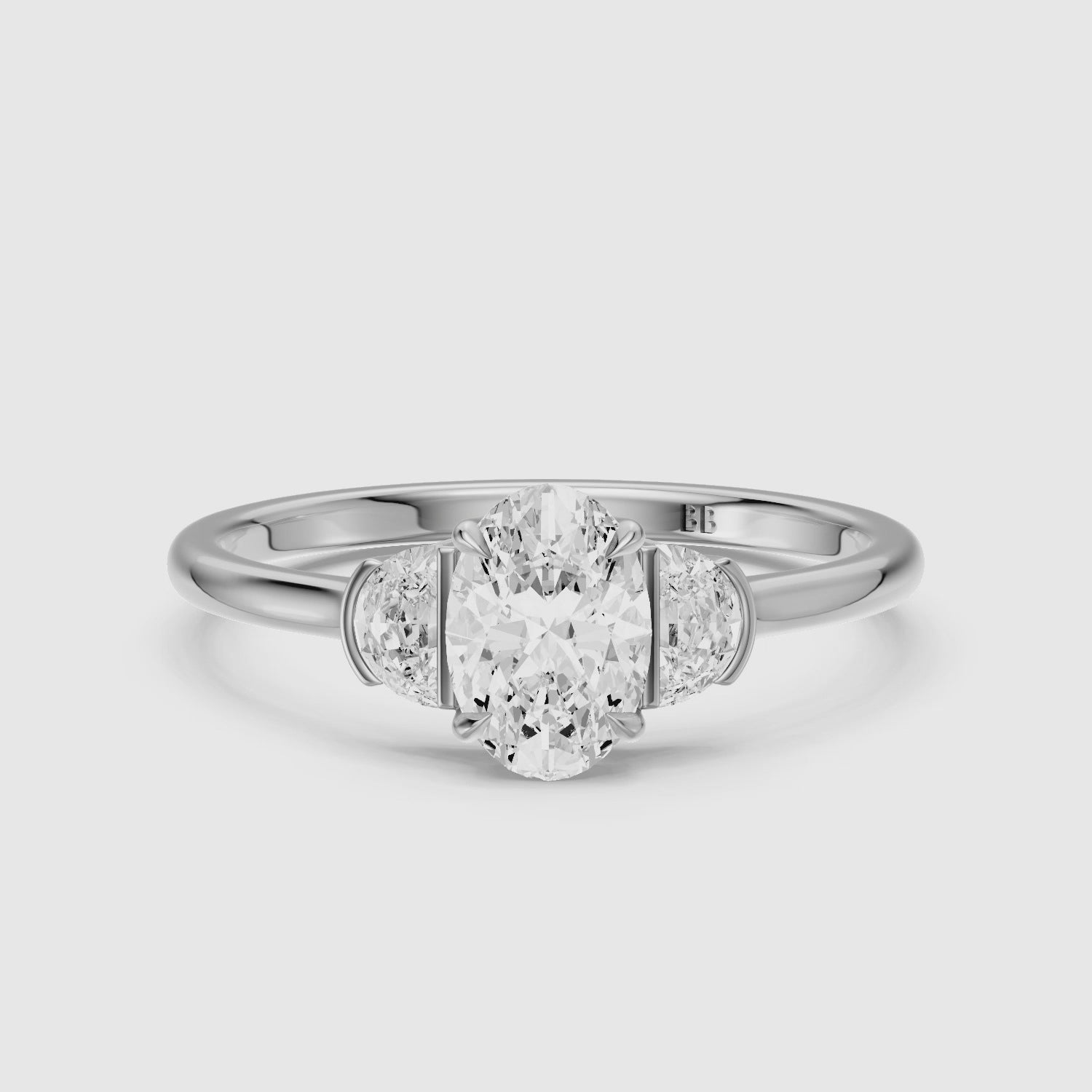 Load video: Lucia Three Stone Oval Lab Diamond Ring with Half Moon Side Stones