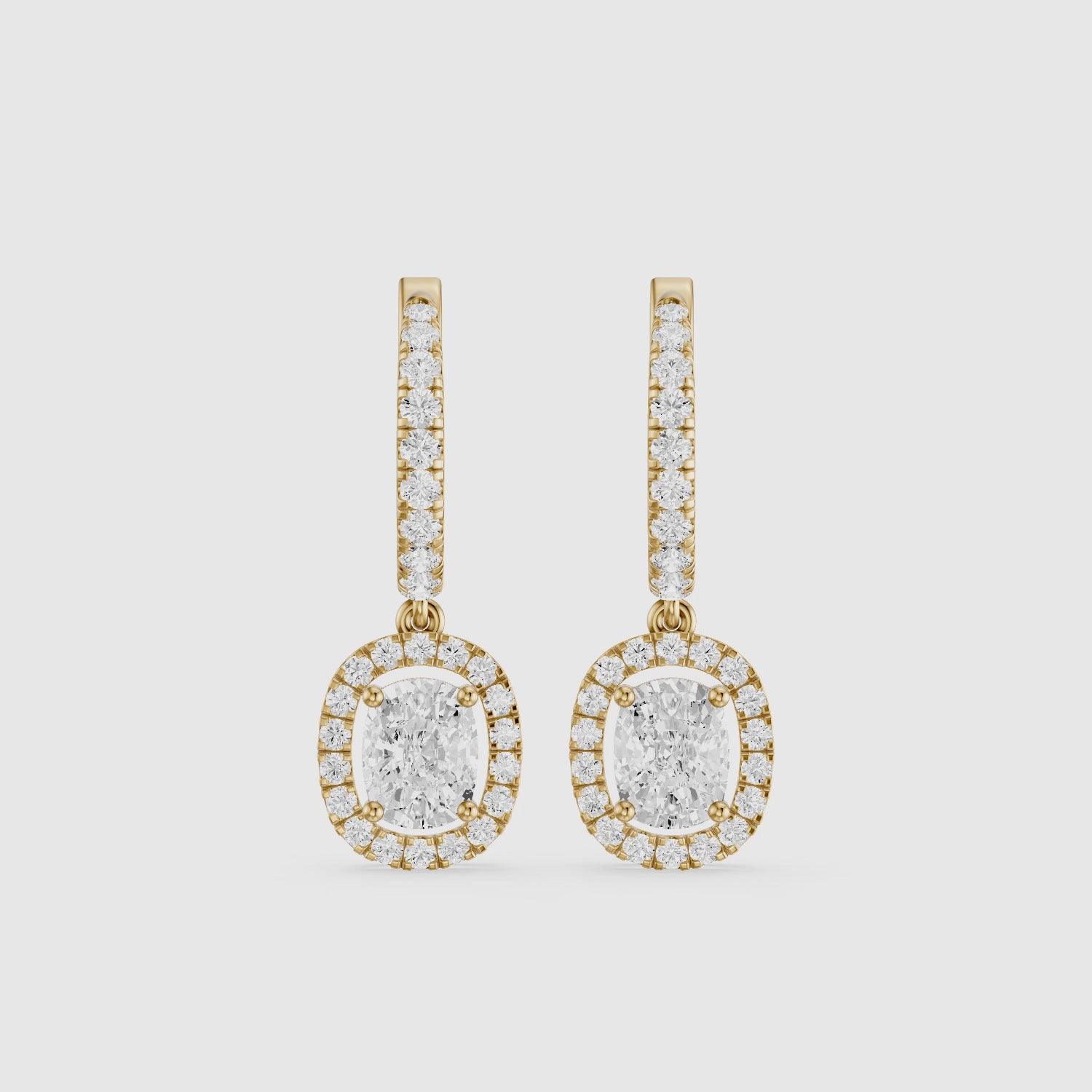 Load video: Fianna Elongated Cushion Cut Lab Grown Diamond Halo Drop Earrings