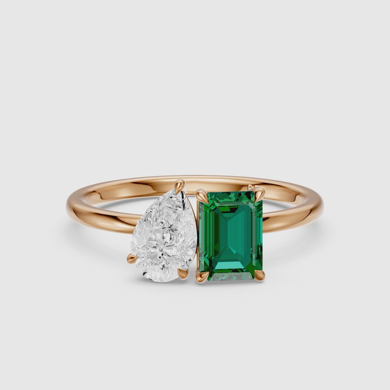 Load video: Belle Green Emerald Cut and Pear Shape Color Lab Grown Diamond Toi et Moi Ring