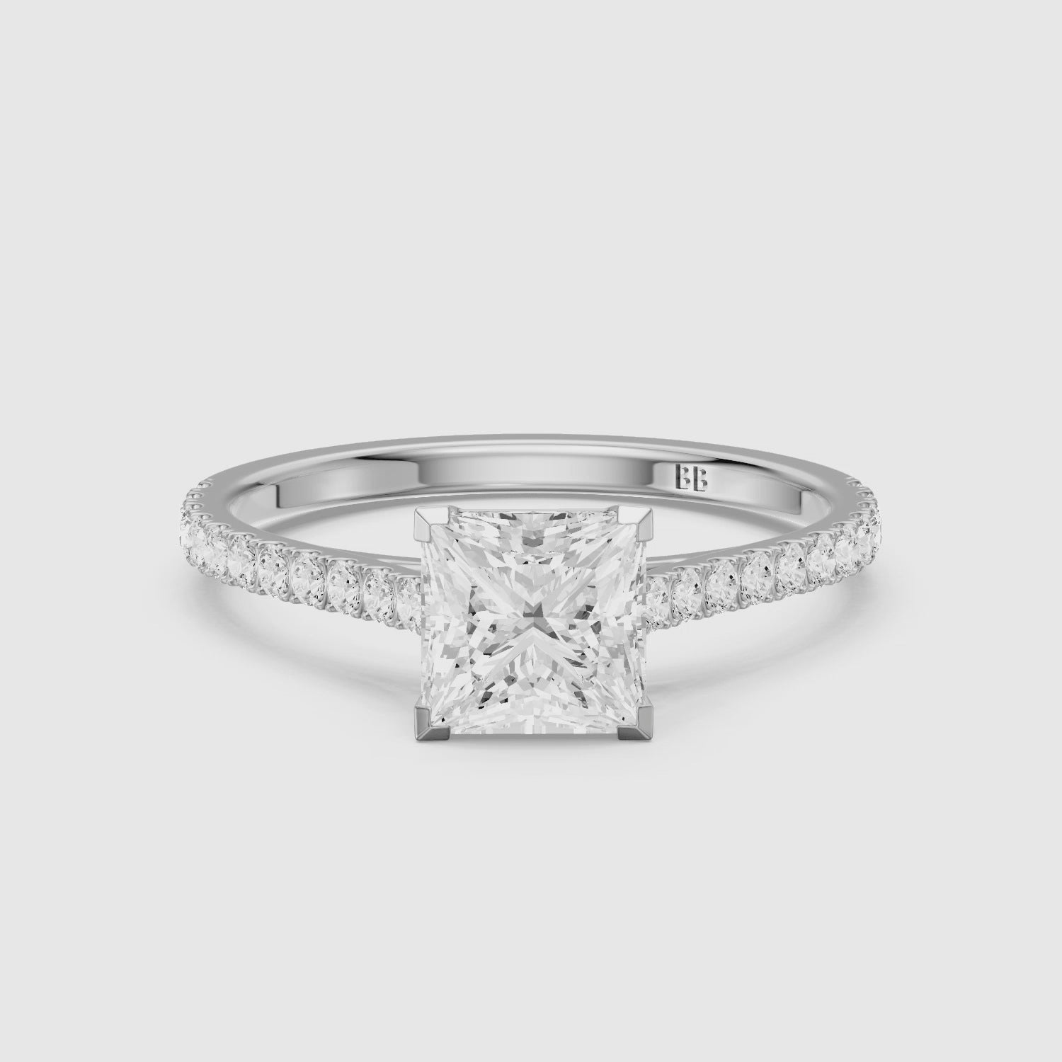 Load video: Jennie 4 Prong Princess Cut Pave Side Stone Lab Grown Diamond Ring