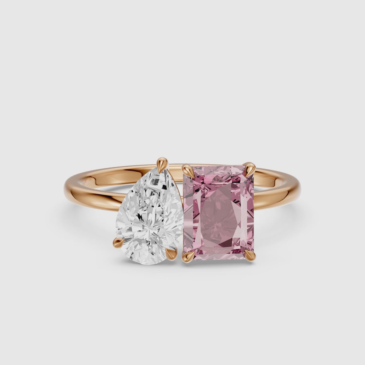 Load video: Liis Pink Radiant and Pear Cut Colored Lab Grown Diamond Toi et Moi Ring