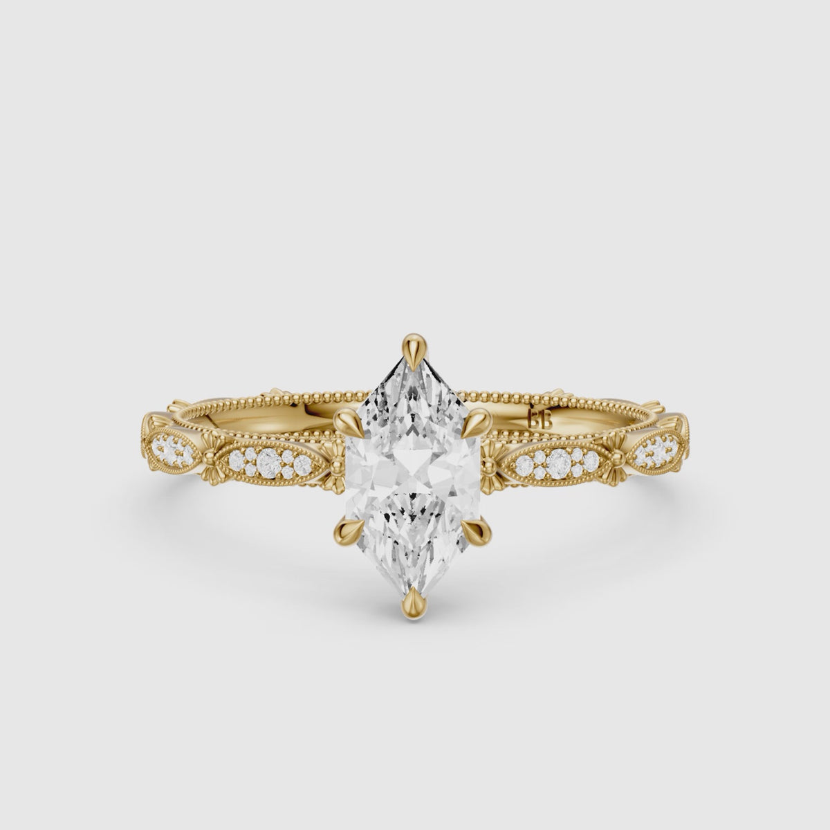 Load video: Nerissa Dutch Marquise Cut Lab Grown Diamond Vintage Ring With Floral Diamond Details