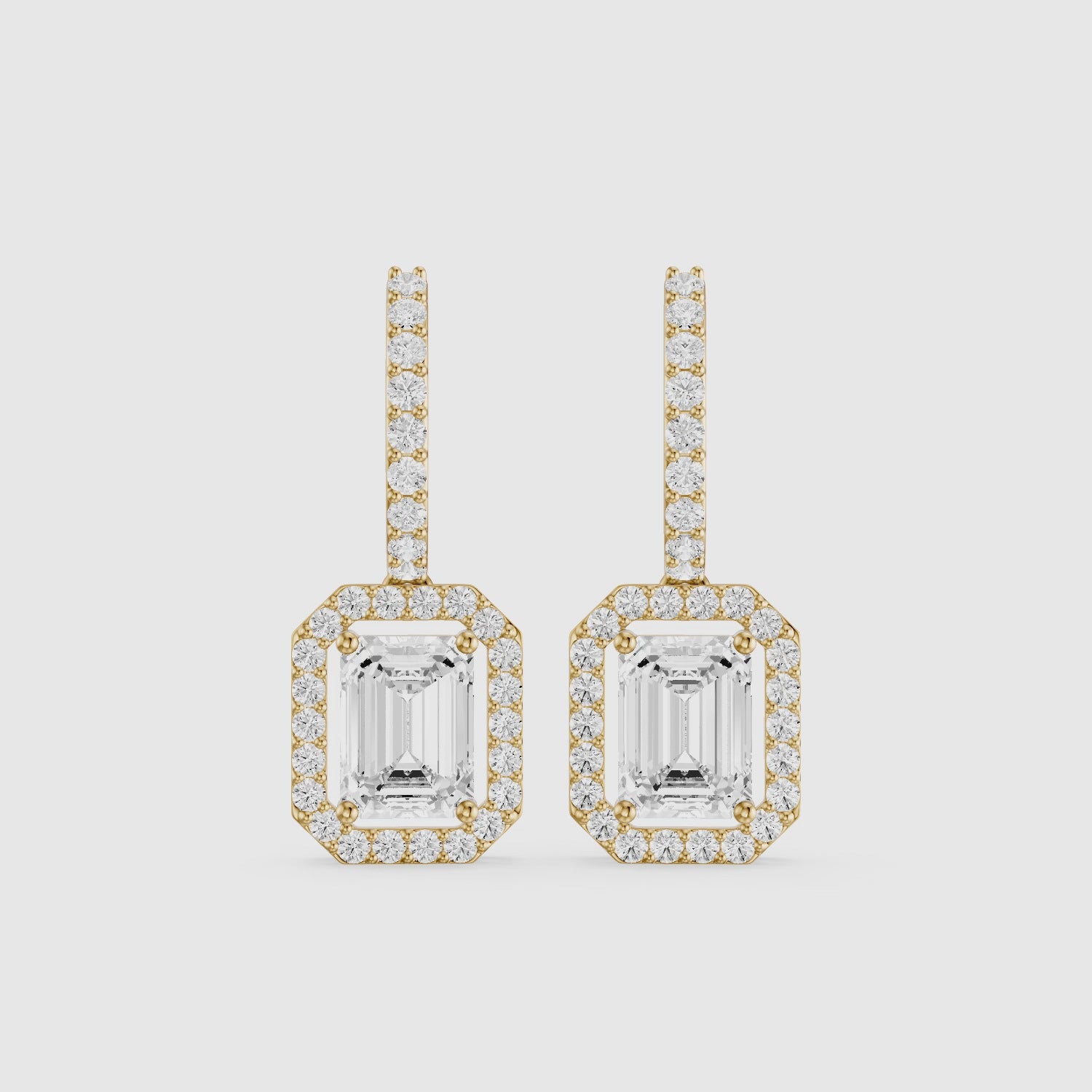 Load video: Georgina Emerald Cut Lab Grown Diamond Halo Drop Earrings