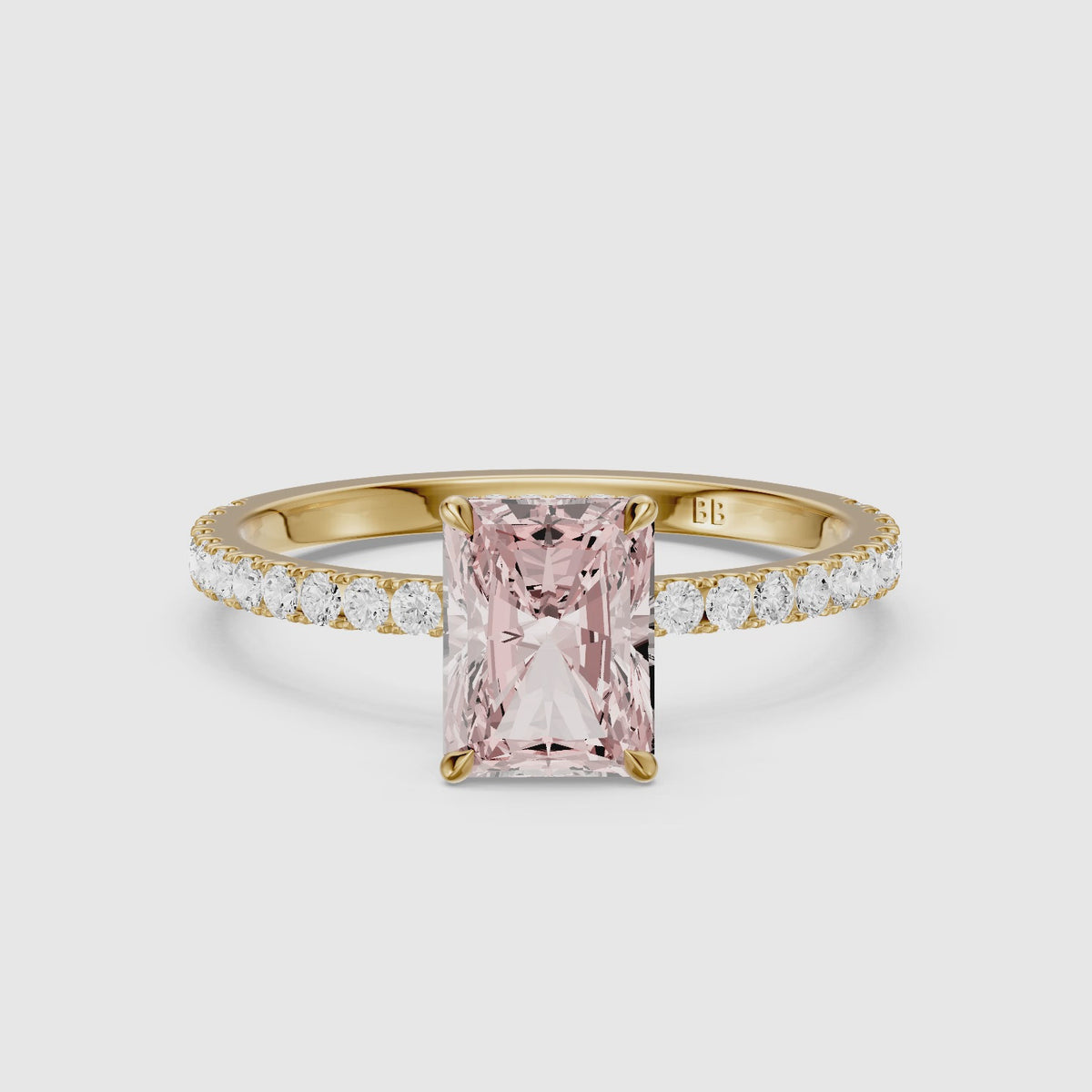 Load video: Eulalie Radiant Cut Hidden Halo Side Stone Pave Pink Lab Grown Diamond Ring