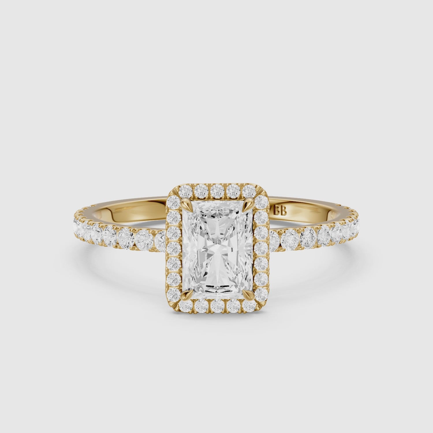 Load video: Darian Radiant Cut Halo Pave Side Stone Lab Grown Diamond Ring