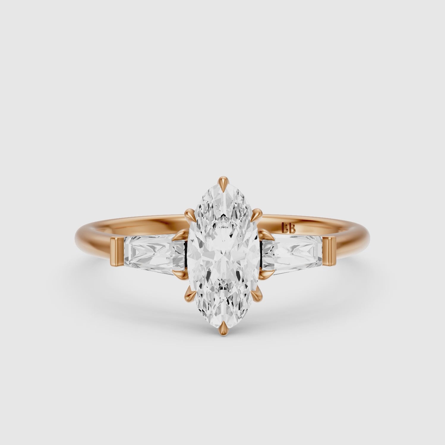 Load video: Letizia Three Stone Moval Moissanite Diamond Ring with Tapered Baguettes