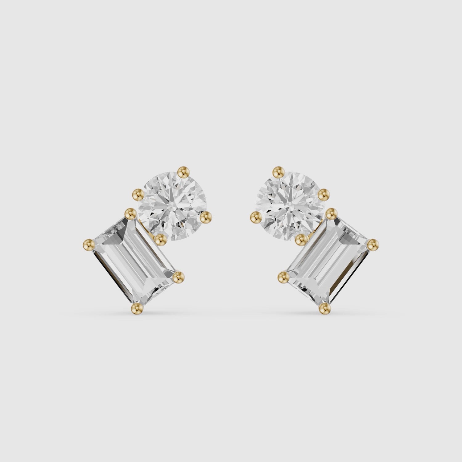 Load video: Alodia Round and Emerald Cut Lab Grown Diamond Two Stone Stud Earrings